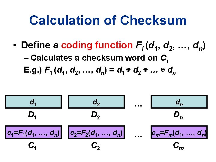 Calculation of Checksum • Define a coding function Fi (d 1, d 2, …,