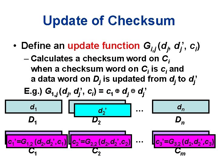 Update of Checksum • Define an update function Gi, j (dj, dj’, ci) –