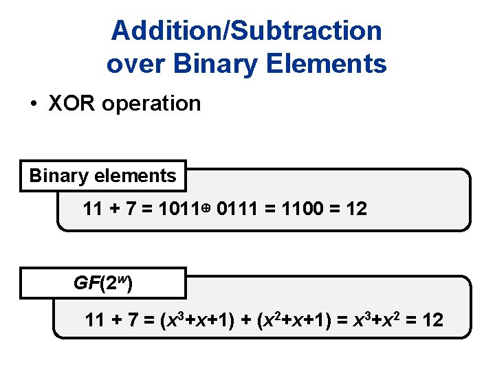Addition/Subtraction over Binary Elements • XOR operation Binary elements 11 + 7 = 1011⊕