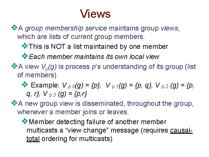 Views v. A group membership service maintains group views, which are lists of current