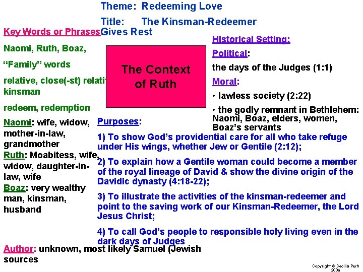 Theme: Redeeming Love Title: The Kinsman-Redeemer Key Words or Phrases: Gives Rest Naomi, Ruth,