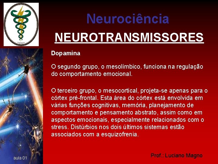 Neurociência NEUROTRANSMISSORES Dopamina O segundo grupo, o mesolímbico, funciona na regulação do comportamento emocional.