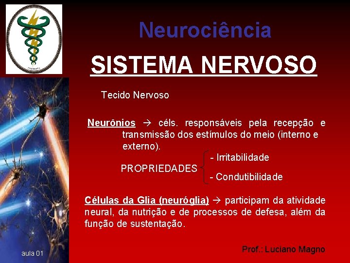 Neurociência SISTEMA NERVOSO Tecido Nervoso Neurônios céls. responsáveis pela recepção e transmissão dos estímulos