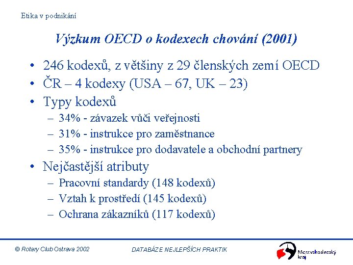 Etika v podnikání Výzkum OECD o kodexech chování (2001) • 246 kodexů, z většiny