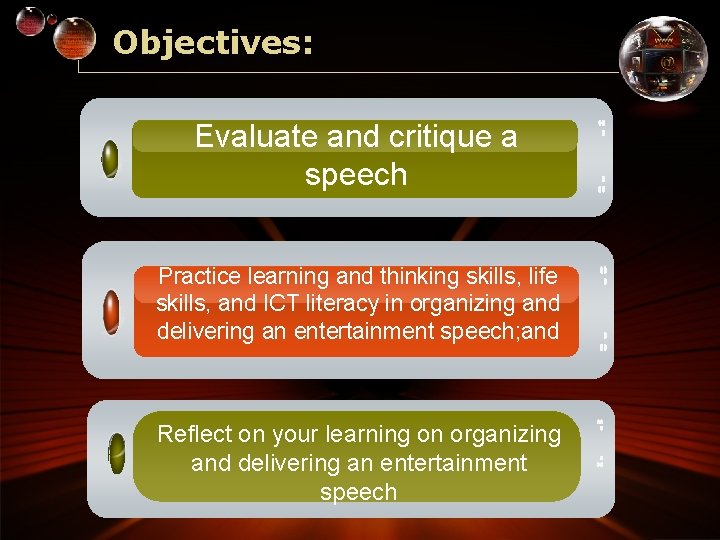 Objectives: Evaluate and critique a speech Practice learning and thinking skills, life skills, and