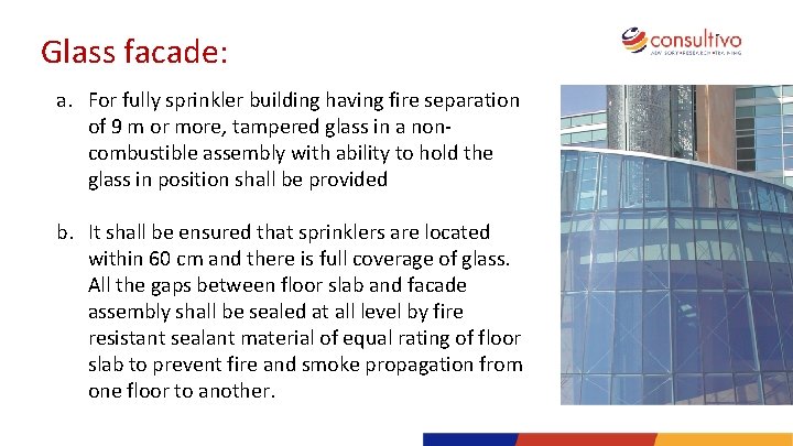 Glass facade: a. For fully sprinkler building having fire separation of 9 m or