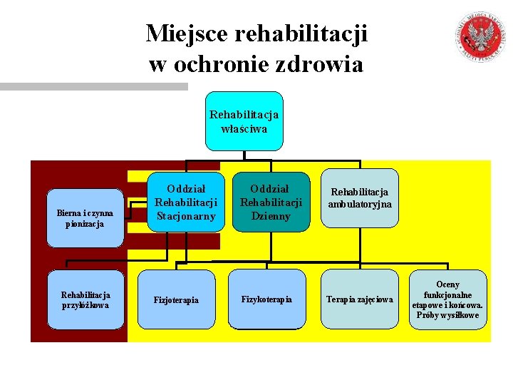 Miejsce rehabilitacji w ochronie zdrowia Rehabilitacja właściwa Bierna i czynna pionizacja Rehabilitacja przyłóżkowa Oddział