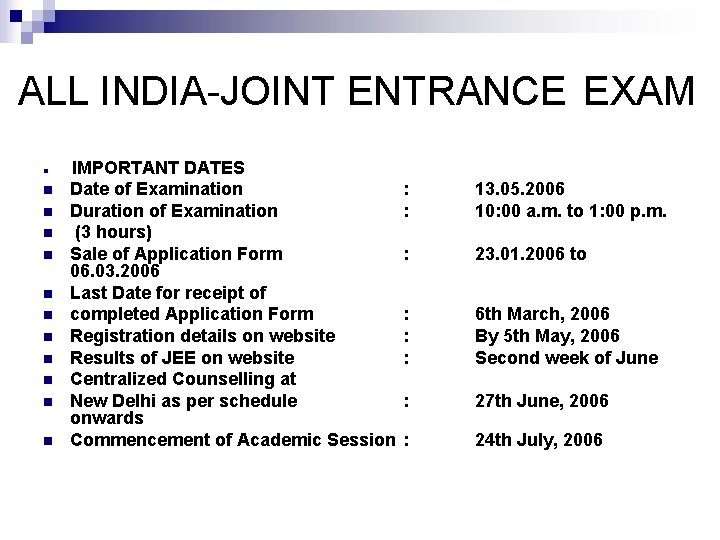 ALL INDIA-JOINT ENTRANCE EXAM n n n IMPORTANT DATES Date of Examination Duration