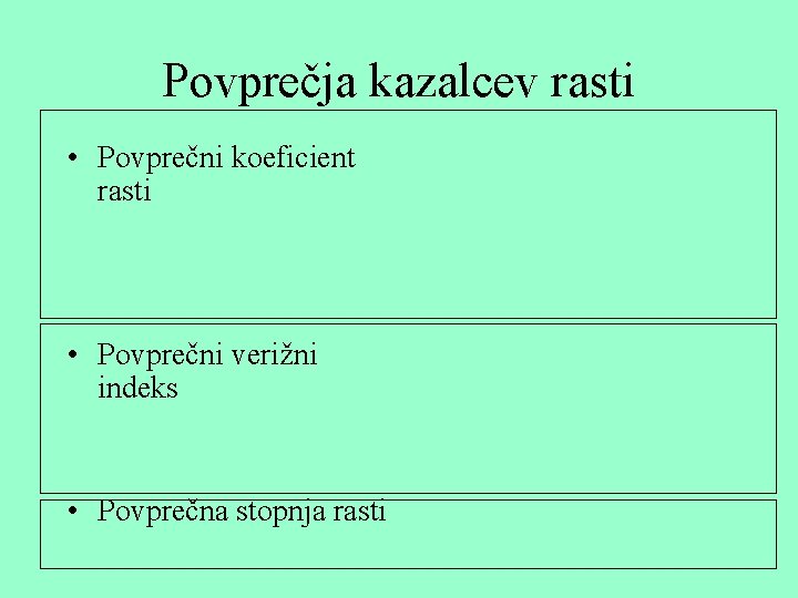 Povprečja kazalcev rasti • Povprečni koeficient rasti • Povprečni verižni indeks • Povprečna stopnja