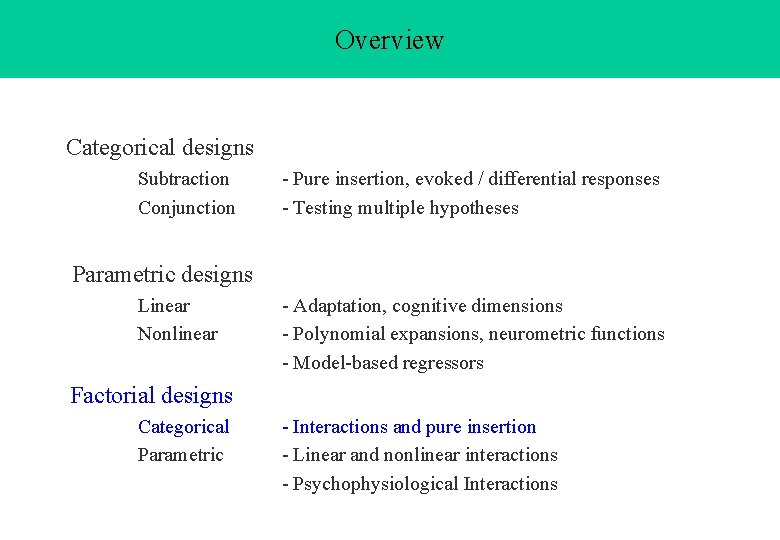 Overview Categorical designs Subtraction Conjunction - Pure insertion, evoked / differential responses - Testing