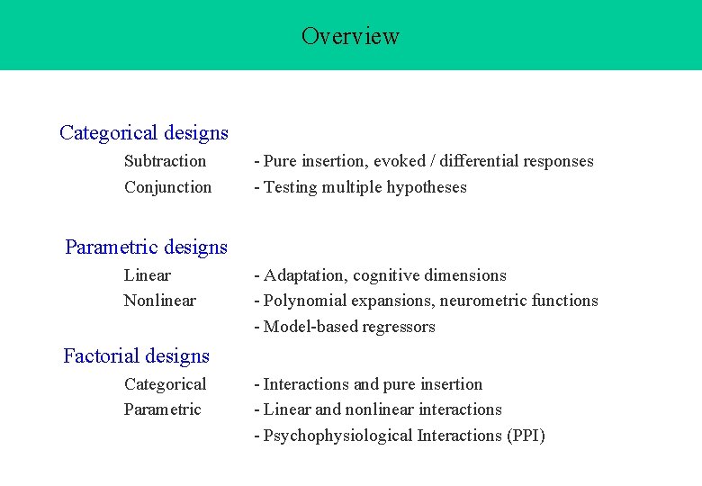 Overview Categorical designs Subtraction Conjunction - Pure insertion, evoked / differential responses - Testing Overview Categorical designs Subtraction Conjunction - Pure insertion, evoked / differential responses - Testing