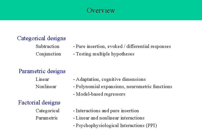 Overview Categorical designs Subtraction Conjunction - Pure insertion, evoked / differential responses - Testing