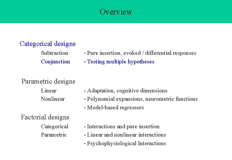 Overview Categorical designs Subtraction Conjunction - Pure insertion, evoked / differential responses - Testing Overview Categorical designs Subtraction Conjunction - Pure insertion, evoked / differential responses - Testing