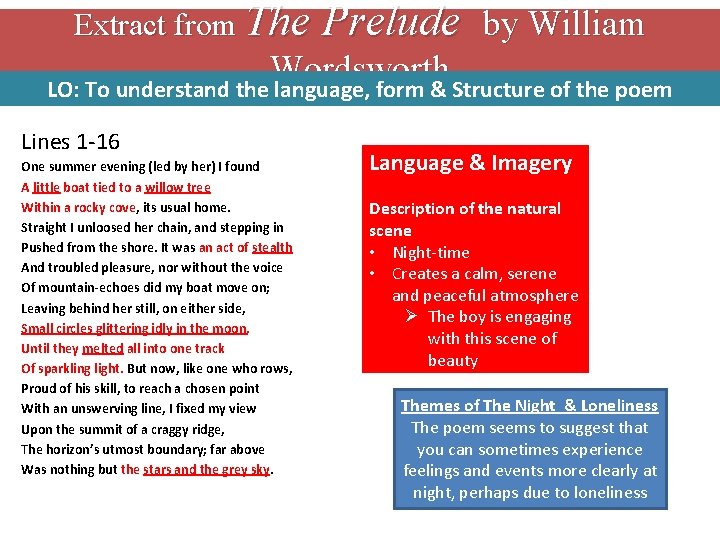Extract from The Prelude by William Wordsworth LO: To understand the language, form &