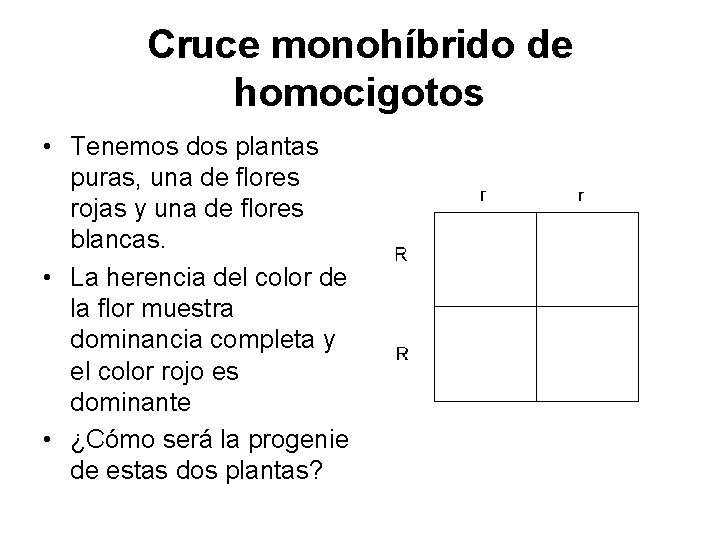 Cruce monohíbrido de homocigotos • Tenemos dos plantas puras, una de flores rojas y