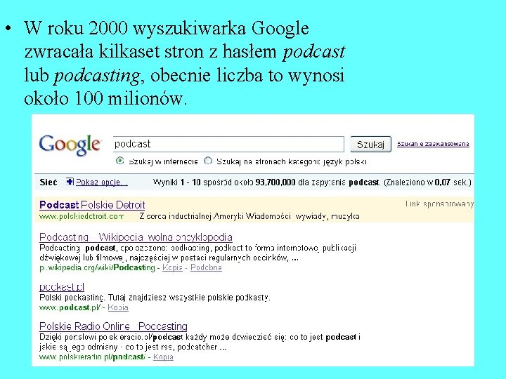 • W roku 2000 wyszukiwarka Google zwracała kilkaset stron z hasłem podcast lub