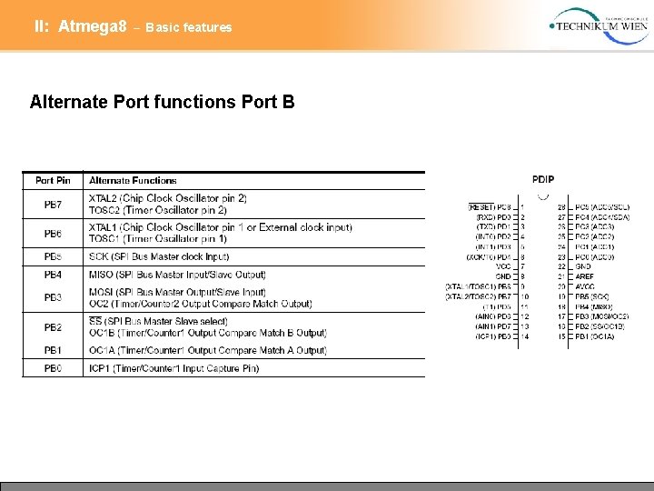II: Atmega 8 – Basic features Alternate Port functions Port B 