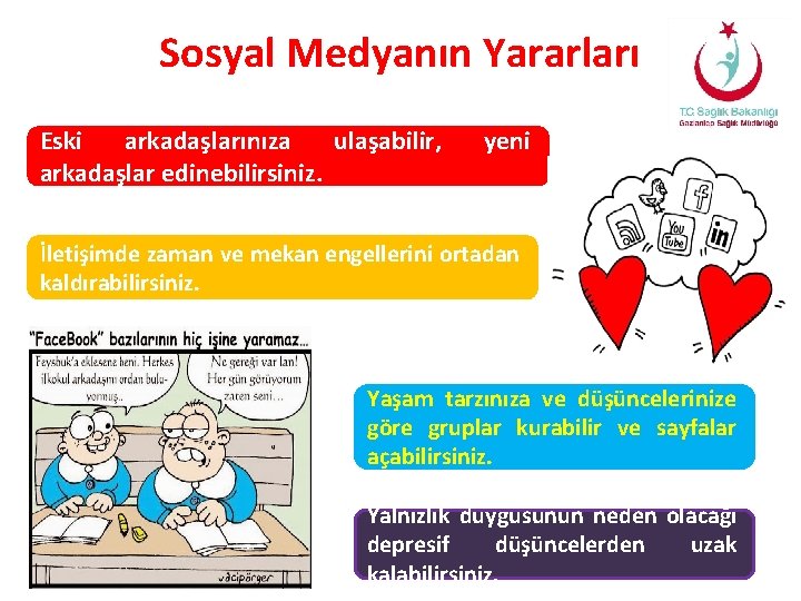 Sosyal Medyanın Yararları Eski arkadaşlarınıza ulaşabilir, arkadaşlar edinebilirsiniz. yeni İletişimde zaman ve mekan engellerini