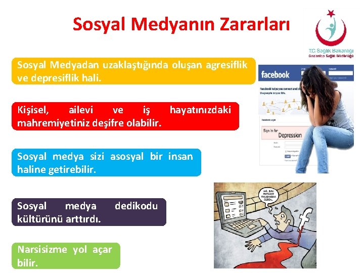 Sosyal Medyanın Zararları Sosyal Medyadan uzaklaştığında oluşan agresiflik ve depresiflik hali. Kişisel, ailevi ve