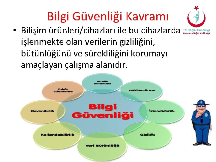 Bilgi Güvenliği Kavramı • Bilişim ürünleri/cihazları ile bu cihazlarda işlenmekte olan verilerin gizliliğini, bütünlüğünü