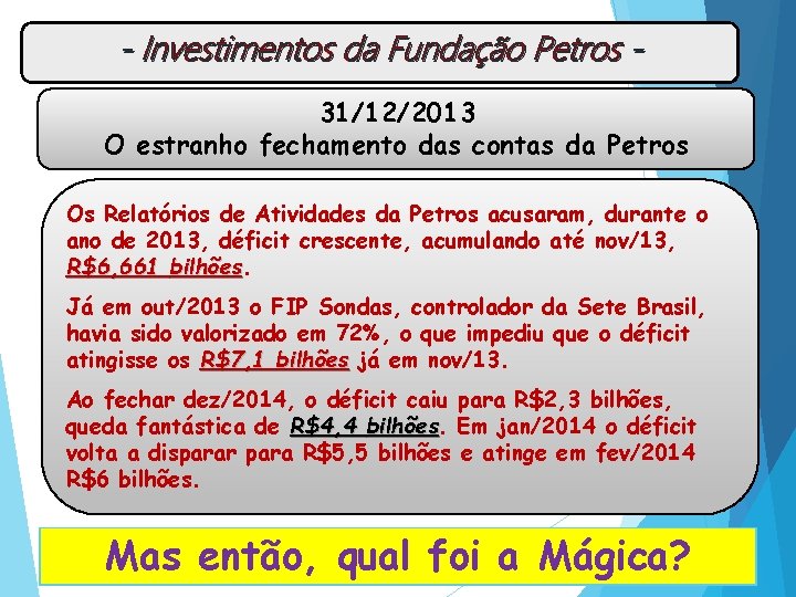 - Investimentos da Fundação Petros 31/12/2013 O estranho fechamento das contas da Petros Os