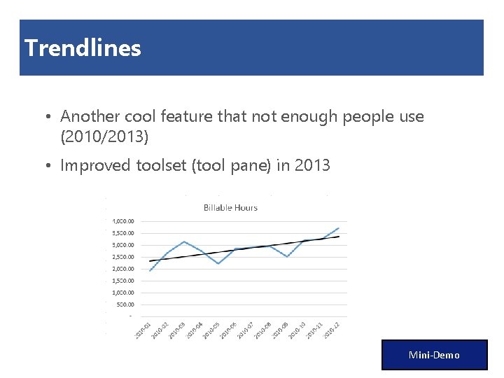 Trendlines • Another cool feature that not enough people use (2010/2013) • Improved toolset