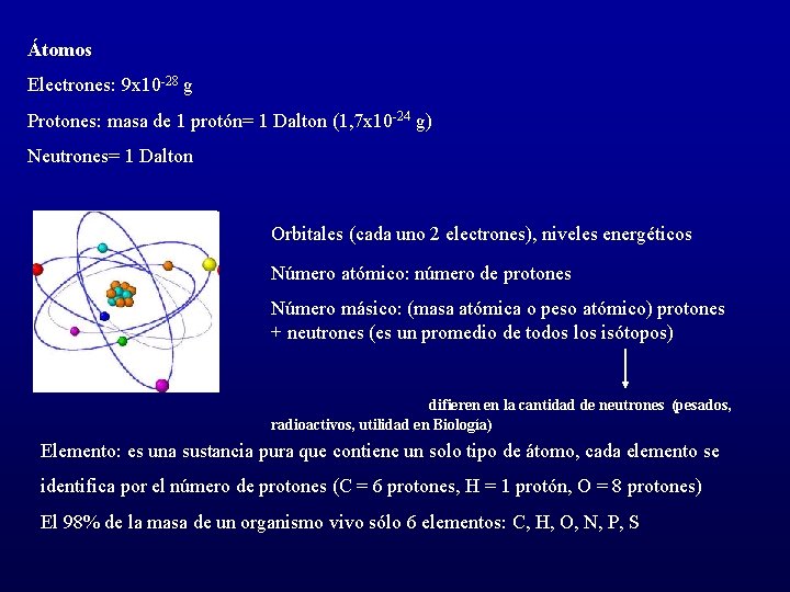 Átomos Electrones: 9 x 10 -28 g Protones: masa de 1 protón= 1 Dalton