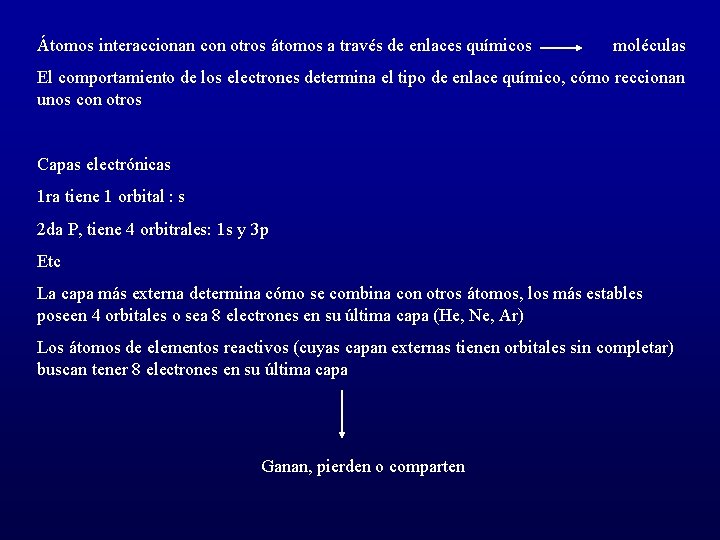 Átomos interaccionan con otros átomos a través de enlaces químicos moléculas El comportamiento de