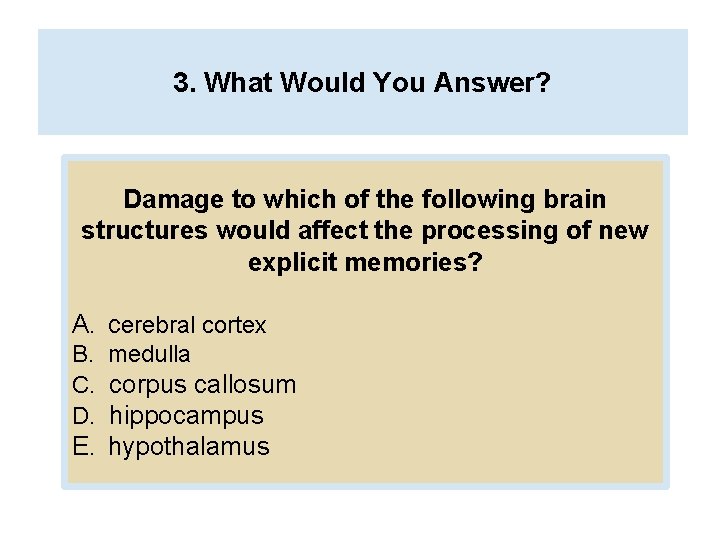 3. What Would You Answer? Damage to which of the following brain structures would