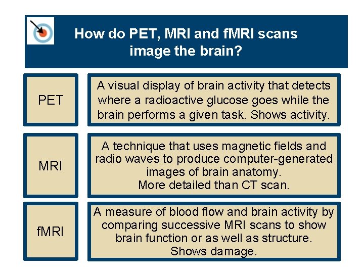 How do PET, MRI and f. MRI scans image the brain? PET A visual