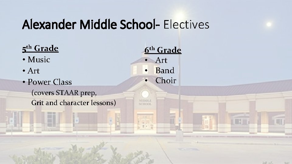 Alexander Middle School- Electives 5 th Grade • Music • Art • Power Class