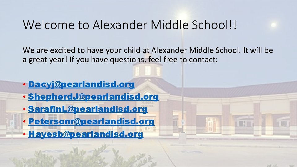Welcome to Alexander Middle School!! We are excited to have your child at Alexander