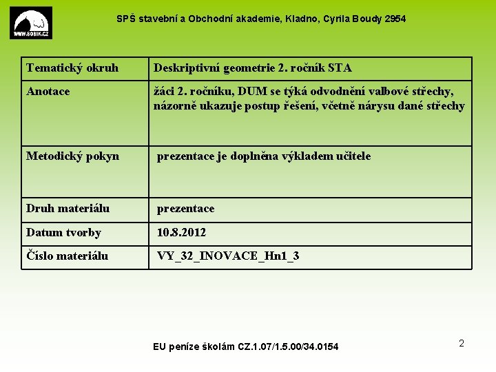 SPŠ stavební a Obchodní akademie, Kladno, Cyrila Boudy 2954 Tematický okruh Deskriptivní geometrie 2.