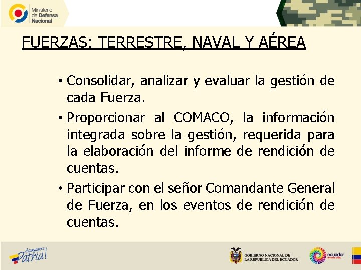 FUERZAS: TERRESTRE, NAVAL Y AÉREA • Consolidar, analizar y evaluar la gestión de cada