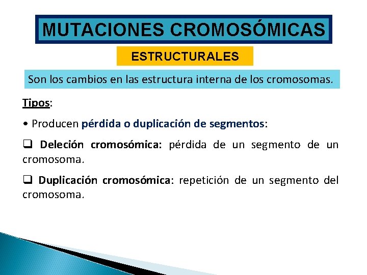 MUTACIONES CROMOSÓMICAS ESTRUCTURALES Son los cambios en las estructura interna de los cromosomas. Tipos: