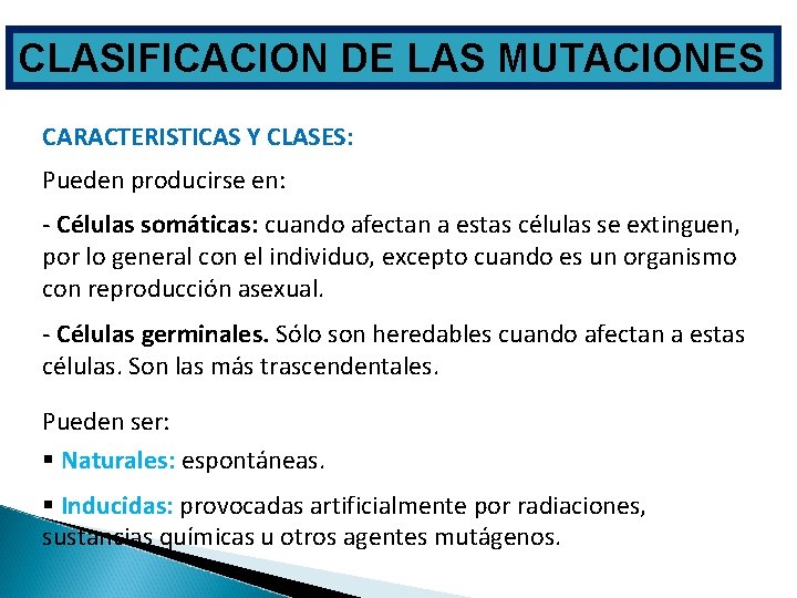 CLASIFICACION DE LAS MUTACIONES CARACTERISTICAS Y CLASES: Pueden producirse en: - Células somáticas: cuando