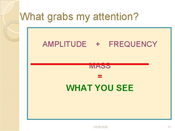 What grabs my attention? AMPLITUDE + FREQUENCY MASS = WHAT YOU SEE 10/30/2020 11