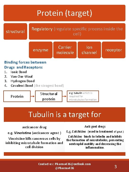 Protein (target) structural Regulatory (regulate specific process inside the cell) enzyme Carrier molecule Ion