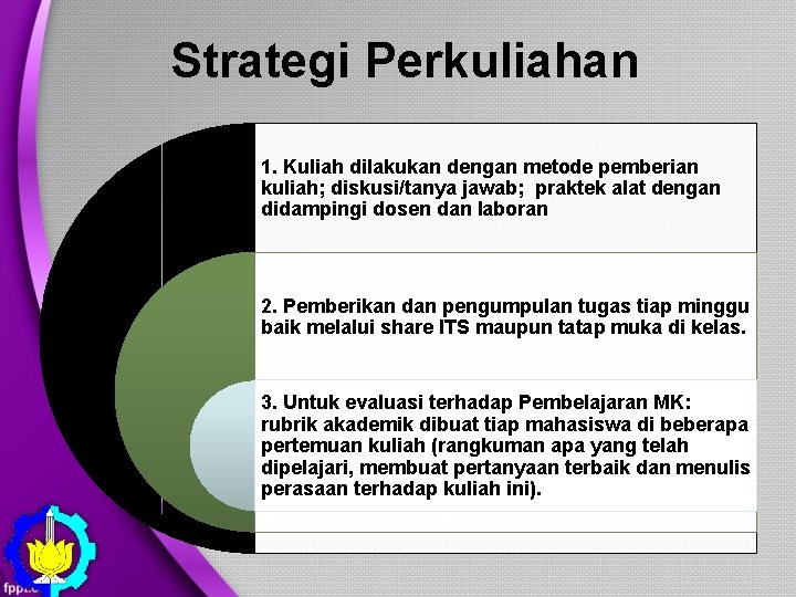 Strategi Perkuliahan 1. Kuliah dilakukan dengan metode pemberian kuliah; diskusi/tanya jawab; praktek alat dengan