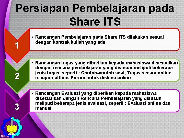 Persiapan Pembelajaran pada Share ITS 1 • Rancangan Pembelajaran pada Share ITS dilakukan sesuai