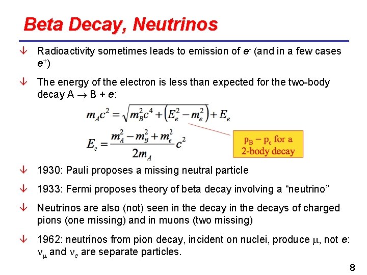 Beta Decay, Neutrinos Radioactivity sometimes leads to emission of e- (and in a few