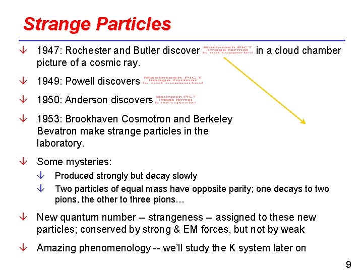 Strange Particles 1947: Rochester and Butler discover picture of a cosmic ray. in a