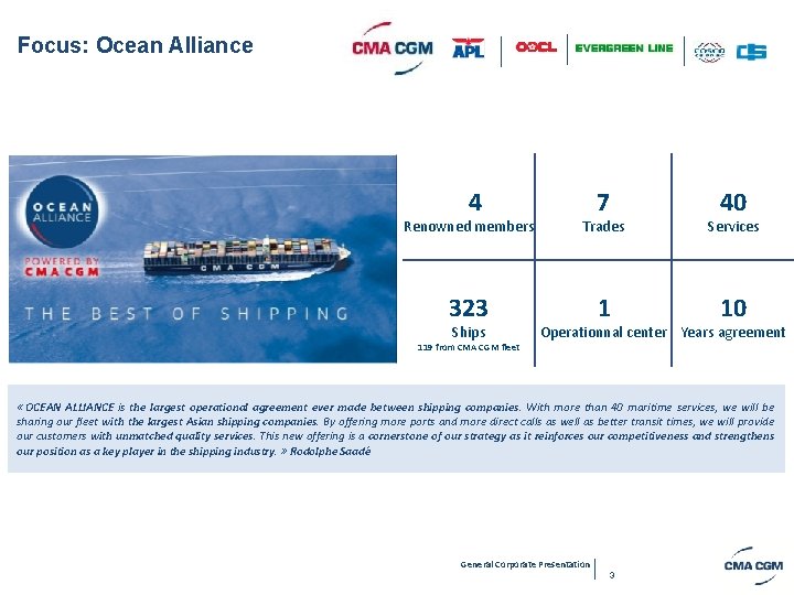 Focus: Ocean Alliance 4 7 40 Renowned members Trades Services 323 1 10 Ships
