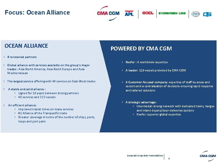Focus: Ocean Alliance OCEAN ALLIANCE POWERED BY CMA CGM › 4 renowned partners ›