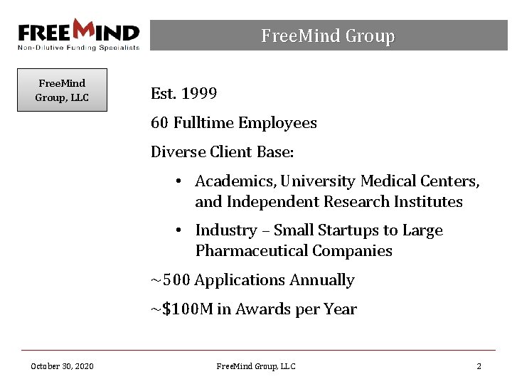 Free. Mind Group, LLC Est. 1999 60 Fulltime Employees Diverse Client Base: • Academics,