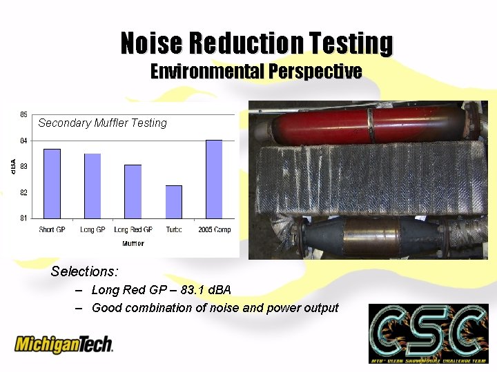 Noise Reduction Testing Environmental Perspective Secondary Muffler Testing Selections: – Long Red GP –