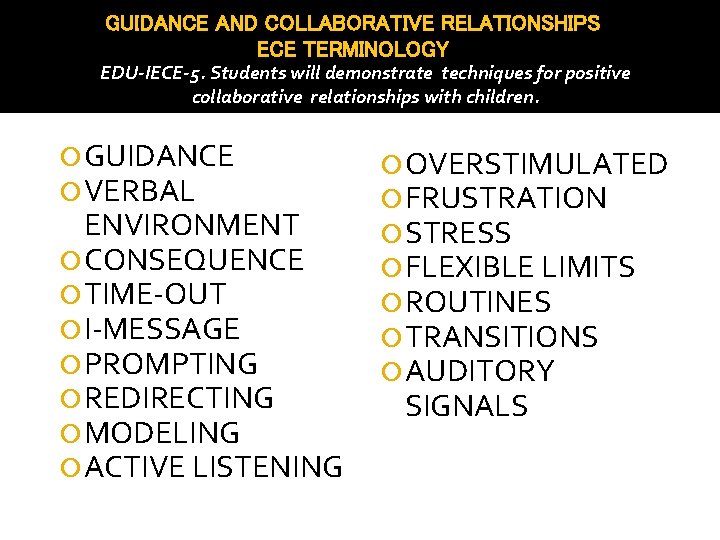 GUIDANCE AND COLLABORATIVE RELATIONSHIPS ECE TERMINOLOGY EDU-IECE-5. Students will demonstrate techniques for positive collaborative
