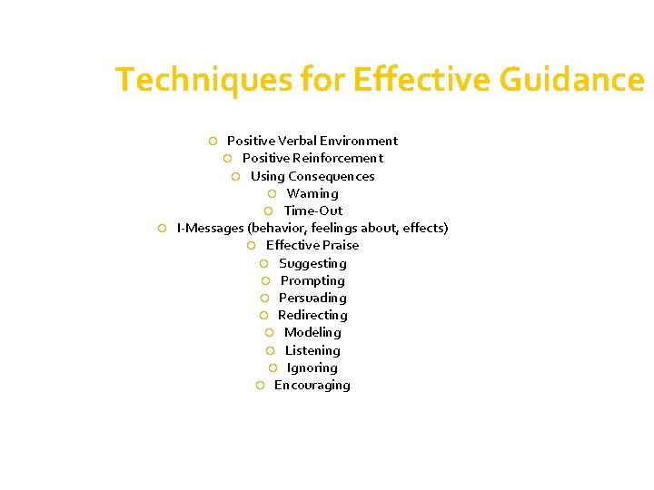 Techniques for Effective Guidance Positive Verbal Environment Positive Reinforcement Using Consequences Warning Time-Out I-Messages