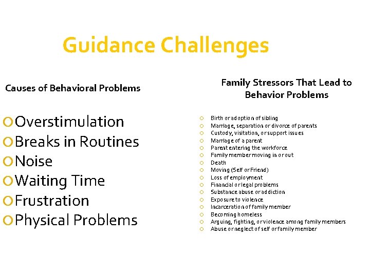 Guidance Challenges Family Stressors That Lead to Behavior Problems Causes of Behavioral Problems Overstimulation