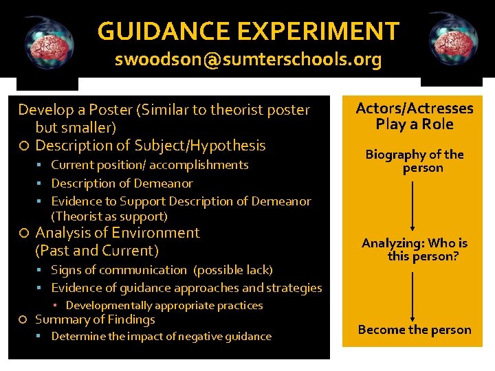 GUIDANCE EXPERIMENT swoodson@sumterschools. org Develop a Poster (Similar to theorist poster but smaller) Description